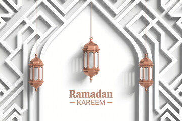 Modern Ramadan Kareem with hanging lanterns and geometric white Islamic pattern.