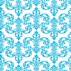 Blue fleur-de-lis damask seamless pattern featuring large ornate royal lilies. Classic decorative background for luxury upholstery, bold wallpaper, and elegant textile design.