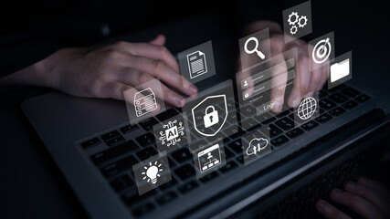 A close-up view of hands typing on a laptop, surrounded by floating icons that symbolize various digital functions such as security, data management, and technology. Gantry