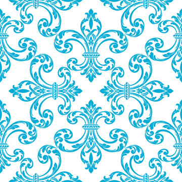 Symmetrical fleur-de-lis damask seamless pattern with balanced turquoise lilies. Traditional baroque motif for interior decor, greeting cards, and historical branding elements.
