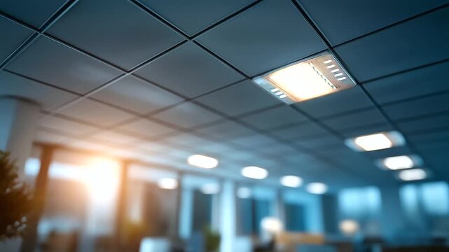 Suspended ceiling grid framework and acoustic tiles being installed faceless modern office commercial building defocused commercial construction background interior finishing