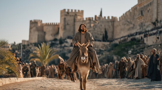 Jesus enters Jerusalem riding a donkey as crowds lay cloaks and palm branches before Him, symbolizing humility, fulfilled prophecy, and the coming of the promised King.