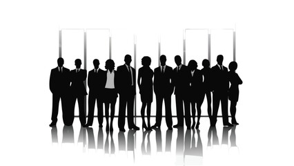 Business professionals standing together in modern office setting with sleek glass walls