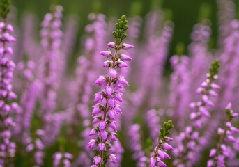 Obraz premium A vibrant macro photograph showcasing the delicate purple and pink bell-shaped flowers of blooming heather in its natural habitat, emphasizing texture, spring, scenic, hillside