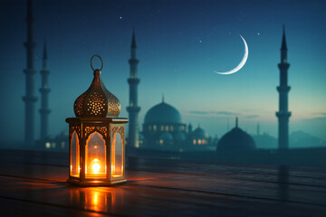 Peaceful Ramadan night scene with glowing lantern and mosque silhouette under crescent moon.