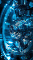 Close-up of intricate gears, bathed in cool blue light, showcasing precision engineering and mechanical complexity.