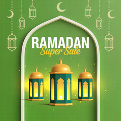 Ramadan super sale banner with mosque arch and lanterns in green festive.