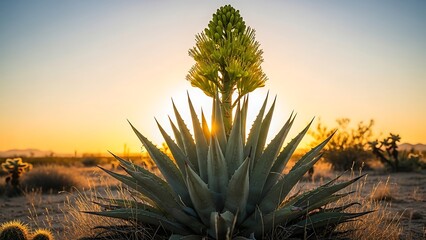 Vibrant Agave plant blooming in the golden light of a desert sunset, showcasing its impressive stalk and spiky leaves against a warm, gradient sky, capturing the serene beauty of the arid landscape.
