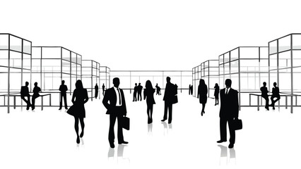 Business professionals in modern office space with glass walls and cubicles