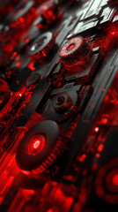 Futuristic cybernetic machine with intricate mechanical gear details.  High-tech design with a bold and striking red lighting scheme.