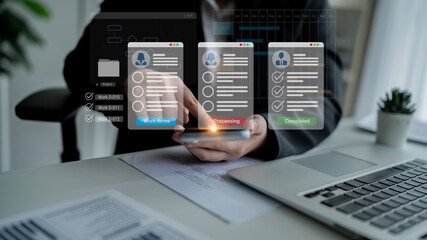 Digital interface displaying project tasks under Work Items, Processing, and Completed categories with Gantt chart timeline visualization Parse