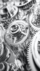 Intricate clockwork mechanism, showcasing detailed gear arrangements in a monochromatic silver tone, emphasizing precision and design.