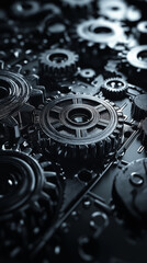 An abstract close-up of interlocking metal cogs and gears. Macro image of precise mechanical components in dark tones.