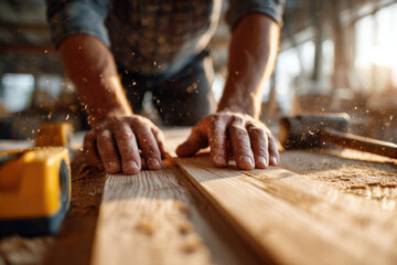 Craftsman working on wooden planks in workshop