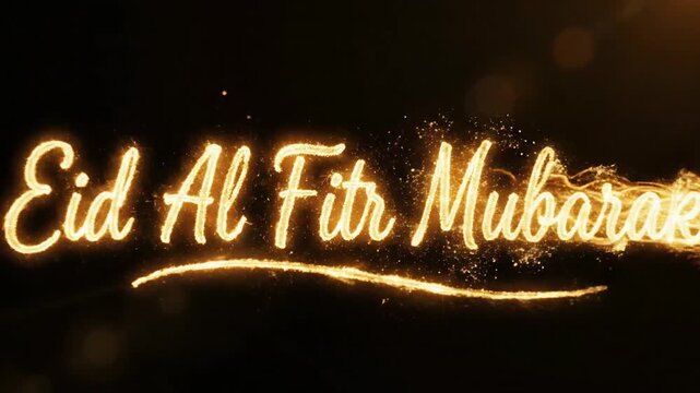 Sparkling Eid Al Fitr Mubarak Message Animation with Gold Light Effects on Black Background