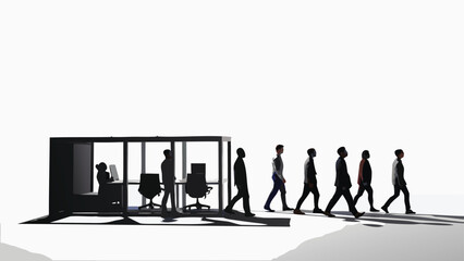 Silhouettes of businesspeople walking past modern office cubicle