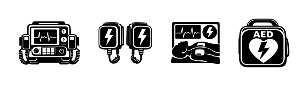 Medical defibrillator vector icons set. aed tools, heart monitor symbols, emergency care