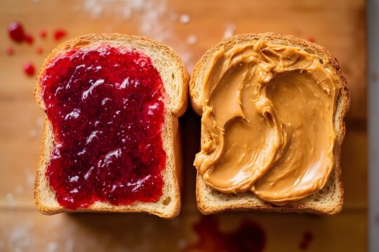 Peanut butter and jelly sandwich halves on wooden board