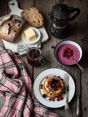 Cozy Rustic Breakfast Scene With Pancakes, Berries, Bread, Butter, Jam, and Coffee Pot on Wooden Table