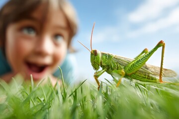 Child observing a grasshopper in nature