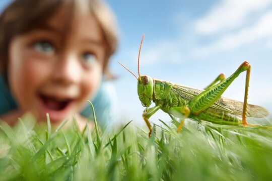 Child observing a grasshopper in nature