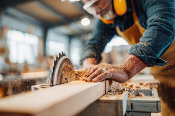 Carpenter using circular saw in workshop