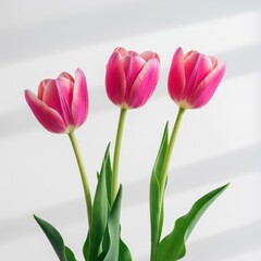 Fototapeta premium Three vibrant pink tulips stand tall against a clean, bright white background, symbolizing springtime freshness and natural beauty, isolated, three, nature