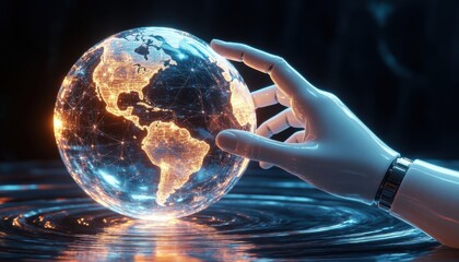 Robotic hand holding digital globe