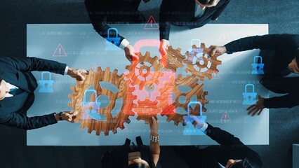 A dynamic aerial view of professionals engaging in a strategic meeting, featuring interlocking gears and digital security icons symbolizing teamwork and innovative solutions in business. Raster