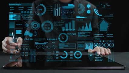 Modern business analytics tool showcases interactive data visualizations on a tablet, emphasizing...