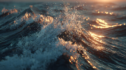 Ocean waves crest and crash beneath a warm setting sun.