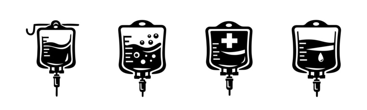 Medical icon set: iv bag symbols with healthcare, hospital, and treatment elements
