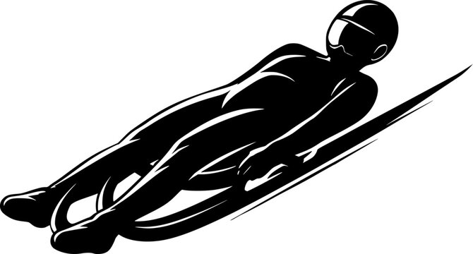Luge Athlete Silhouette Vector, Black Professional Luger Racing on Icy Track Speed Motion