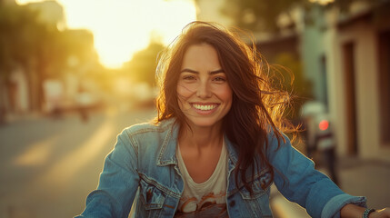 Smiling woman enjoying the golden hour light on a city street. Casual, sunny, and happy vibes.