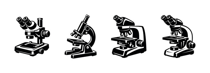Microscope vector icons set: scientific research tools, lab equipment symbols