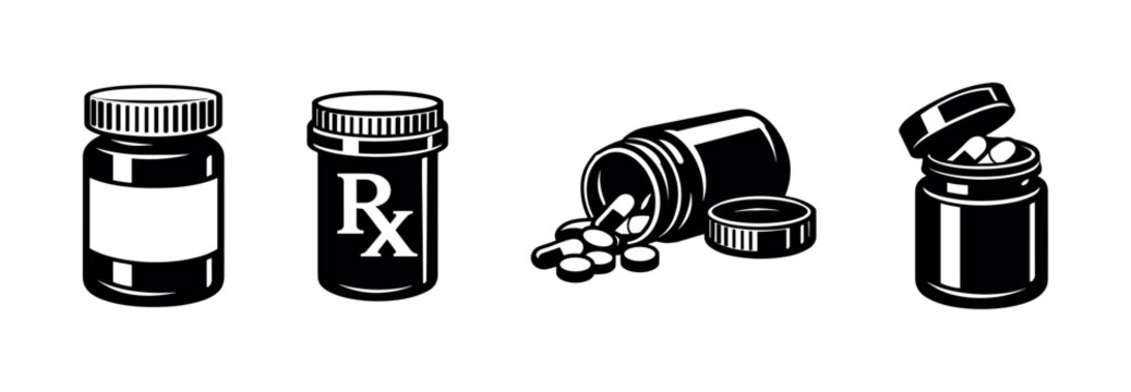 Vector icons set of medicine bottles. pill jars, rx containers, pharmacy symbols