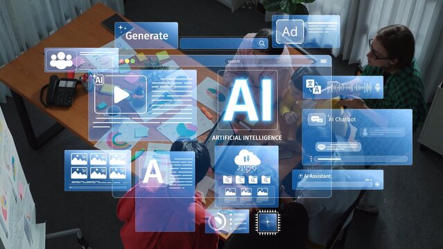 A diverse group of individuals engages in a collaborative effort to develop artificial intelligence solutions, illustrated by dynamic digital interface elements and technology. Raster - Powered by Adobe