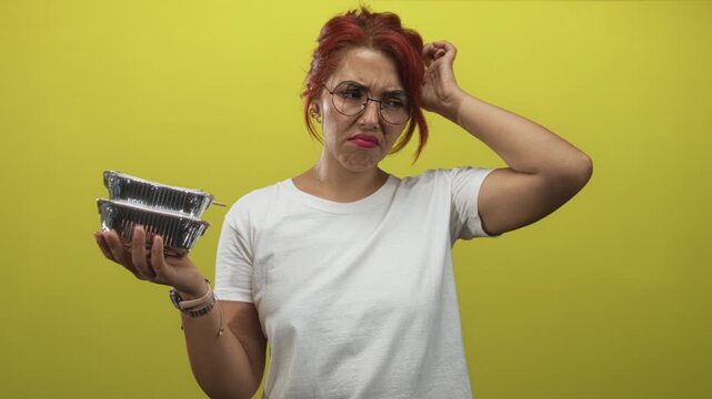 Young hispanic woman holding stacked foil takeout containers and scratching her head in a yellow studio; confusion.