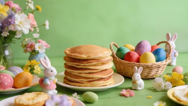 Easter breakfast setup with pancakes and colorful eggs next to spring flowers on a green backdrop