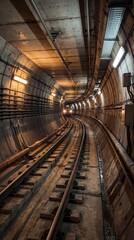 Fototapeta premium Underground metro tunnel with tracks and infrastructure lighting