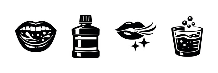 Oral care vector icons set: mouthwash, sparkling teeth, fresh breath symbols
