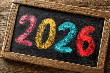 Vibrant chalk art showcasing the year 2026 on a rustic wooden-framed blackboard, symbolizing future possibilities and anticipation.