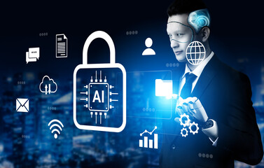 A futuristic businessman interacts with holographic technology, showcasing the importance of AI and cybersecurity in protecting data in today digital landscape. Gantry