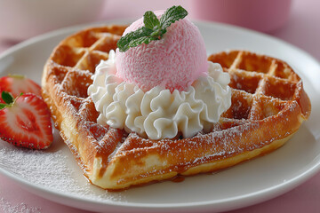 Heart-shaped waffle topped with whipped cream and pink ice cream, a delightful dessert creation for a special occasion.
