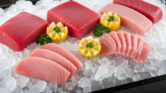 Fresh assortment of premium quality raw tuna fish steaks and expertly sliced sashimi portions displayed beautifully over crushed ice with decorative lemon garnishes