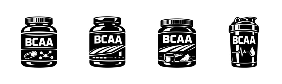 Fitness supplements vector icons set: bcaa powder, capsules, sports drinks