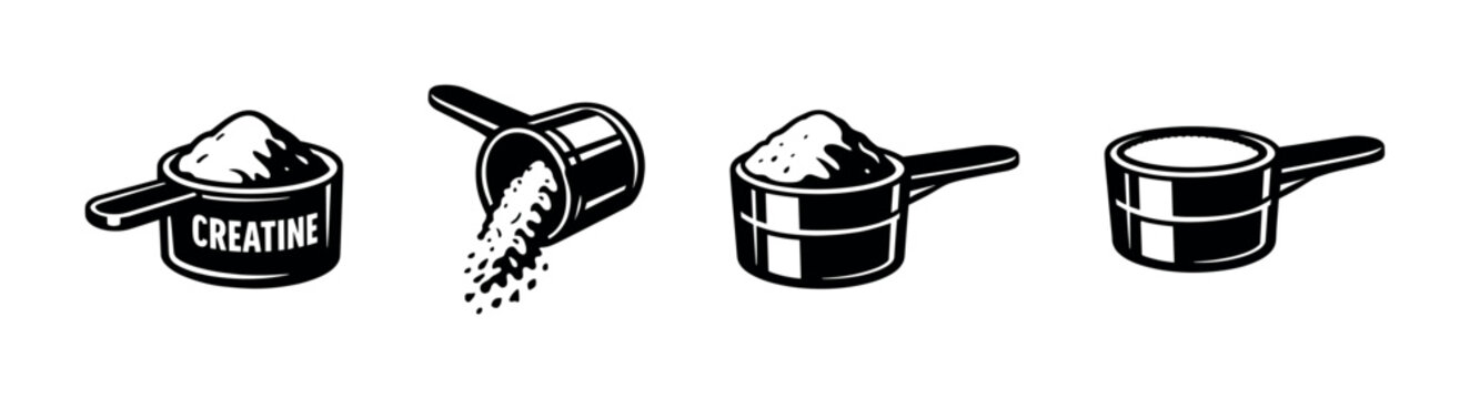 Creatine measuring scoops vector icons set in black and white. supplements, powder, fitness