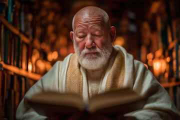 Senior man engrossed in reading in a classic library setting, with soft lighting and traditional attire, immersed in the story.