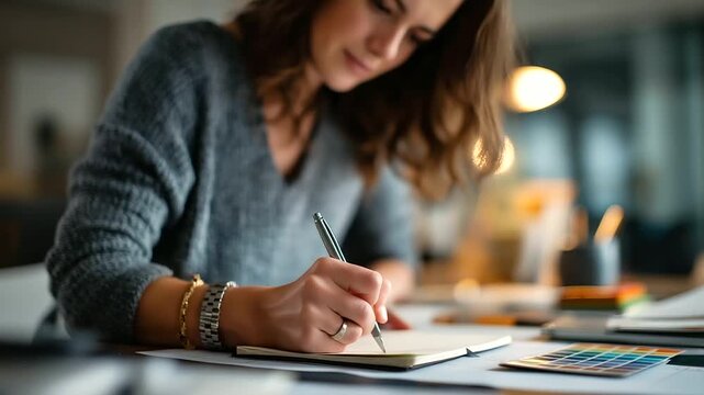 Faceless architect designer interior creative working drawing defocused hand drawing sketch blueprint background plan design blueprint planning material color samples selection