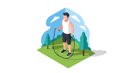 Obraz premium Isometric fitness concept: man jumping rope outdoors in a scenic park setting
